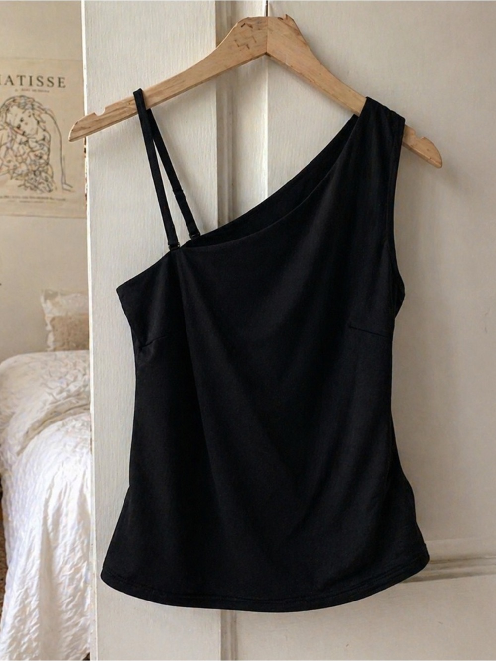 Garnet Hill Swim Top Size 12 Black One Shoulder Asymmetrical Minimalist NWT
